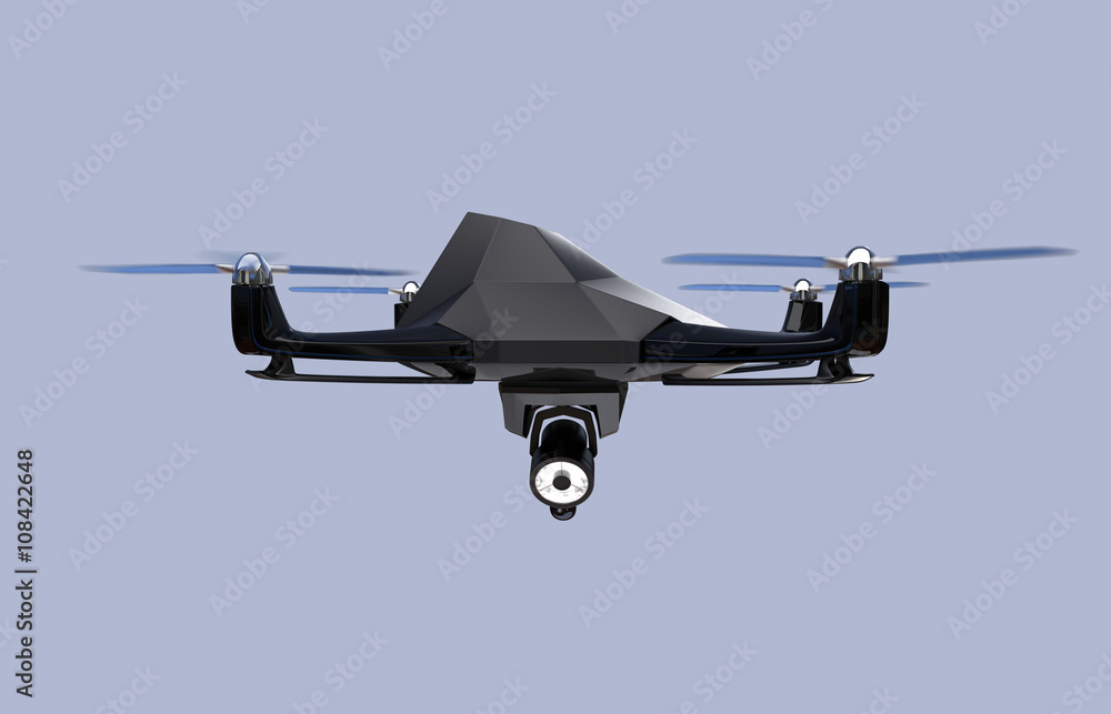 Poster stealth drone equip with search light flying in the sky. 3d rendering image.