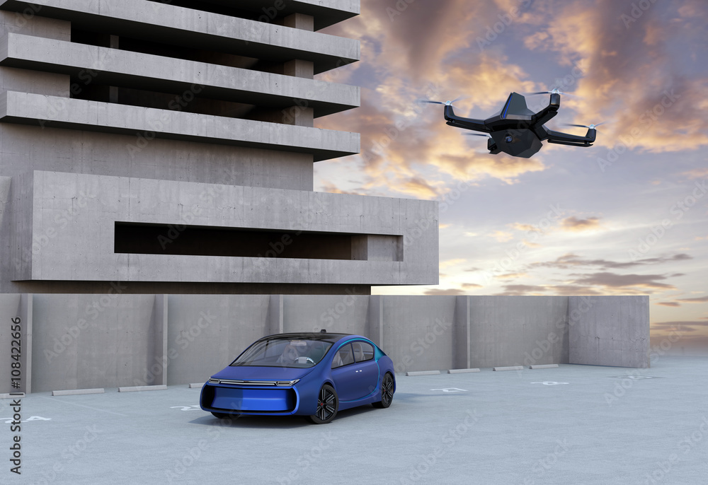 Poster stealth drone flying in the sunset sky. 3d rendering image