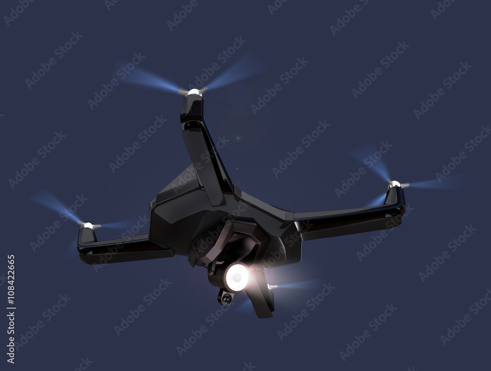 Poster stealth drone equip with search light flying in the night sky. 3d rendering image.