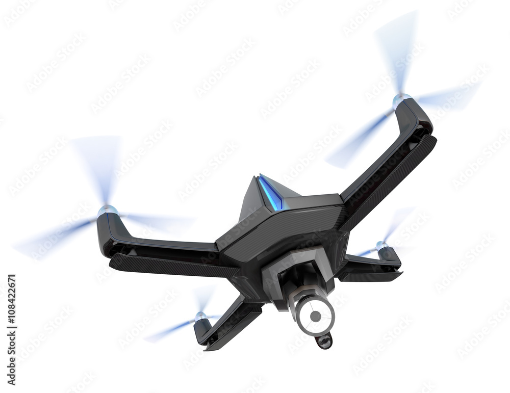 Poster stealth drone equip with search light isolated on white background. 3d rendering image.