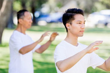 People practicing thai chi in park