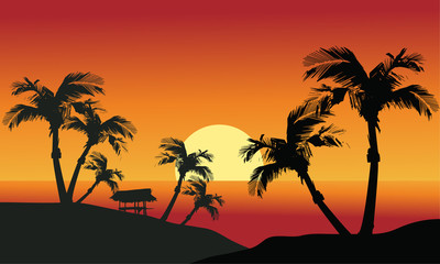 Fototapeta na wymiar Sea sunset with island and palm trees