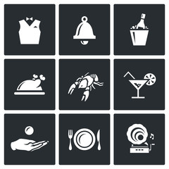 Vector Set of Restaurant Icons. Waiter, Call, Alcohol, Food, Delicacy, Drink, Tip, Laying, Music.