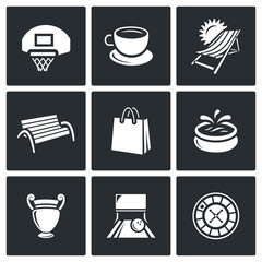 Vector Set of Recreation and Entertainment Icons. Sport, Food, Tourism, Stroll, Shopping, Park, Art, Bowling, Casino.