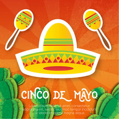 Mexican sombrero hat, maracas. Musical Instrument. Maraca, Mexico, Carnival, Percussion Instrument. Orange background with cactus. Vector illustration.
