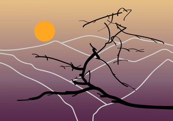 Fototapeta na wymiar Oriental morning. Vector illustration of a tree branch on a background of mountains and a rising sun.