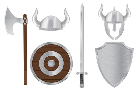 Viking medieval weapon - axe, shield, helmet, sword