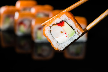 crab meat and caviar sushi on sticks