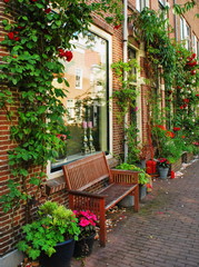 Obraz premium street of small old European city with bench and roses