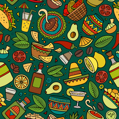 Cartoon hand-drawn latin american, mexican seamless pattern