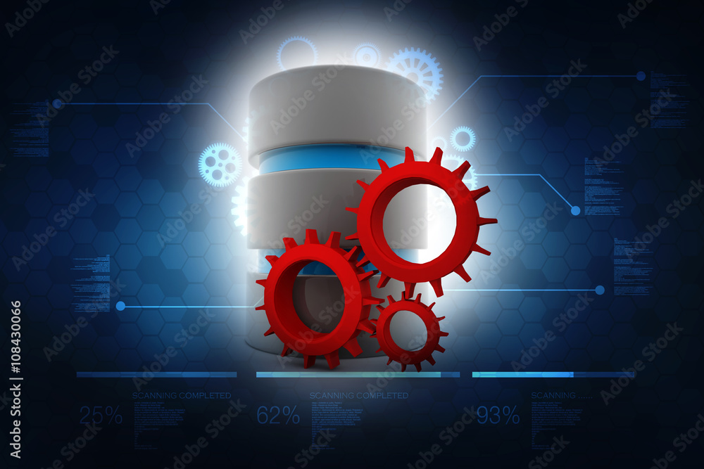 Poster 3d illustration database storage security concept. disk with gear