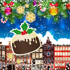 Christmas pudding on the background of snow-covered streets. 