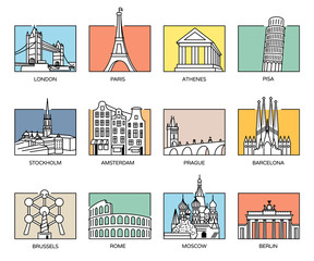 Europe landmarks and favorite travel destinations in line icons style and flat colour rectangle backgrounds.