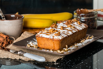 Banana bread with caramel and walnuts