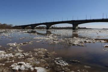 Ice drift and river in spring day
