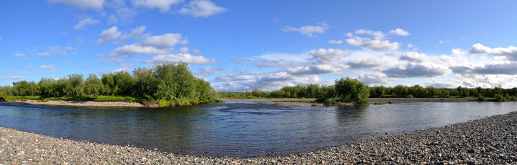 Fototapeta na wymiar Panoramic river landscape in the polar Urals.