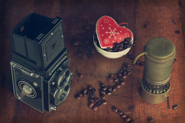 heart with an old coffee maker with an camera 