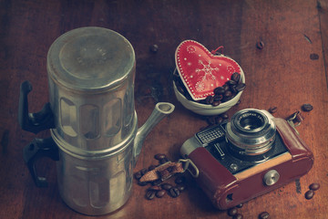 heart with an old coffee maker with an camera 