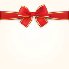 Red Gold Bow And Ribbon. Background Holiday Illustration. Decoration Element For Design