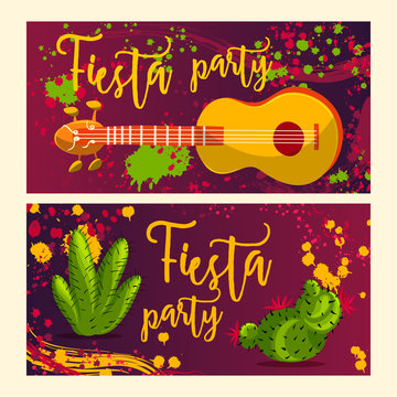 Beautiful greeting card, invitation for fiesta festival. Design concept for Mexican Cinco de Mayo holiday with guitar, cactuses and colorful splashes in watercolor style.Vector illustration