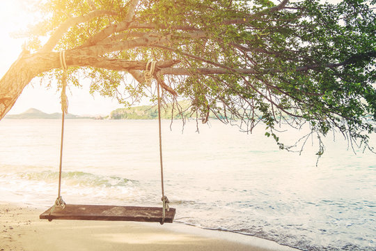 Swing hanging on tree on the island, with bright sunlight, vintage tone