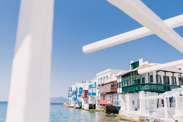 Beautiful Little Venice on Mykonos island, Cyclades, Greece - obrazy, fototapety, plakaty