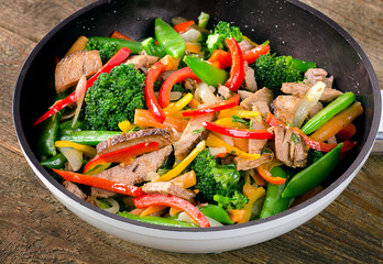 Beef and vegetables stir fry.