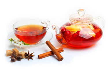 Tea cup kettle isolated white background
