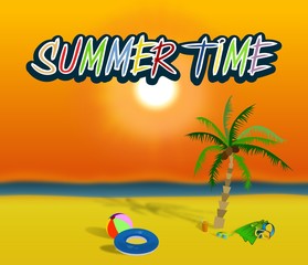 Fototapeta na wymiar Summer time writing with sun, beach gears, palm and sea