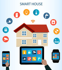 Smart phone, Tablet, Smartwatch and  Internet of things concept.Smart Home Technology Internet networking concept. Internet of things/Smart home automation. Internet of things