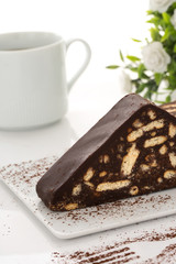 Chocolate mosaic cake and coffee