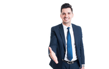 Fototapeta premium Smiling trustworthy and friendly sales man offer handshake