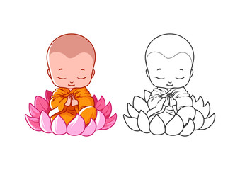 Little cartoon monk on the lotus. Page for coloring book.