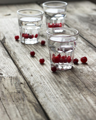 Homemade cranberry vodka, wooden background