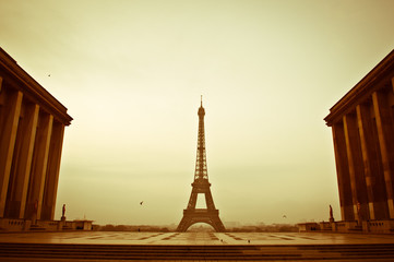 a unique, symmetrical shot of the Eiffel Tower in the morning with sepia efect