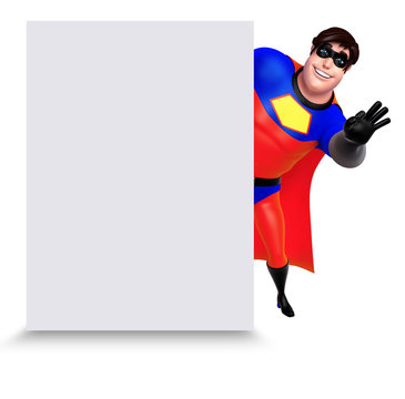 3D Rendered illustration of superhero with white board
