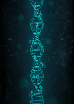 Pinnacle of the species / 3D render of male figures rushing up dna double helix structure