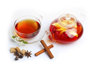 Tea cup kettle isolated white background
