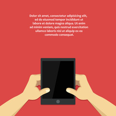 Hands holing tablet computer with blank screen. Flat digital illustration