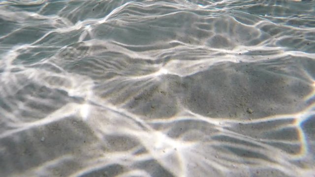 Seashell lies under the water on the white sand in the clear water of a tropical sea.Human hand taking seashells lying on the sea sand.Travel concept,Adventure concept..4K video,ultra HD.