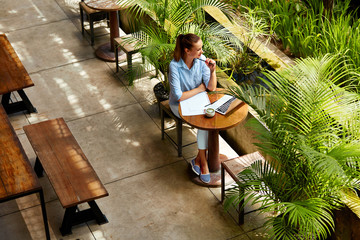 Learning, Studying. Portrait Of Beautiful Happy Smiling Student Woman Using Laptop Computer,...