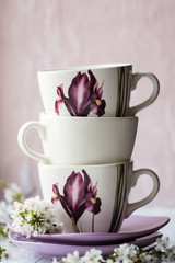  tea set, a bouquet of spring flowers  near  the window