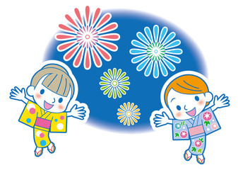 花火　浴衣の大和撫子