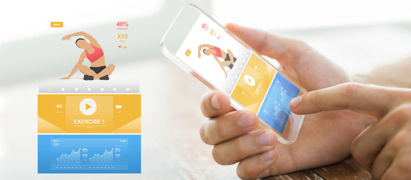 close up of hand with sport app on smartphone