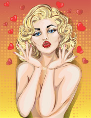 Valentine Day Pin-up sexy woman portrait with air kiss and hearts. - 108452444