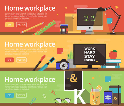 Vector concepts of home workplace design. Horizontal banners with business items in flat style. 