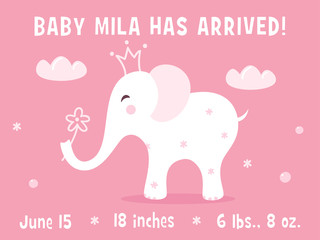 Elephant and Clouds. Baby Girl Birth Announcement Card Template