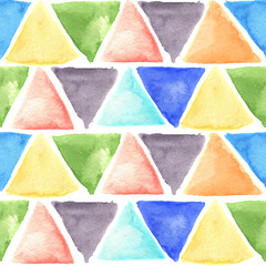 Watercolor pattern with colored triangles. Hand draw artistic illustration for design, textile, background.