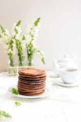 Stack of Homemade Chocolate Pancakes for Breakfast