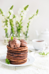 Stack of Homemade Chocolate Pancakes for Breakfast